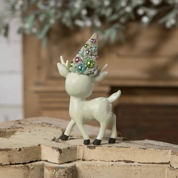 Set of 2 Bethany Lowe Pastel Pink Aqua Blue Reindeer Deer Bottle Brush Tree NEW - Picture 5 of 5